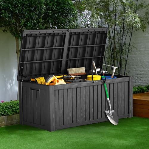 FULOL 150 Gallon Waterproof Storage Box Outdoor Deck Box with Lid for Patio, Pool Supplies and Garden Tool Storage, Lockable, Dark Grey