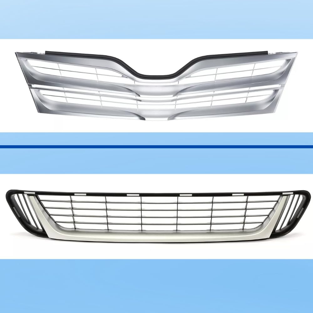 Front Bumper Upper And Lower Grille Molding Set, Silver And Black ABS Plastic, Compatible with Toyota Venza 2013 2014 2015 2016,Direct Fit Replacement