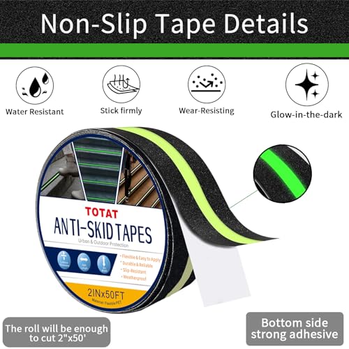 Image of Glow in Dark Anti Slip Tape, 2 inch x50FT Heavy Duty Waterproof Safety Grip Tape for Stairs, Pool, Bathroom - Black & Glow Stripe Indoor /Outdoor Multi-Purpose Traction Tape