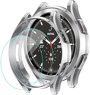 FITA (2+1 Pack) Screen Protector plus Case compatible with Samsung Galaxy Watch 4 Classic 46mm, TPU Edge Cover Case with Tempered Glass Screen Protector for Galaxy Watch 4 Classic 46mm (Silver)