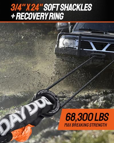 Image of DAYDOOR 68,300 LBS Soft Shackle Recovery Kit, 3 /4 inch x 24 inch (2-Pack) with 7075 Aluminum Snatch Ring, Winch Accessory for Ford F250 /F350, Ram 2500 /3500, Heavy Tractor & Full-Size Trucks(Orange)