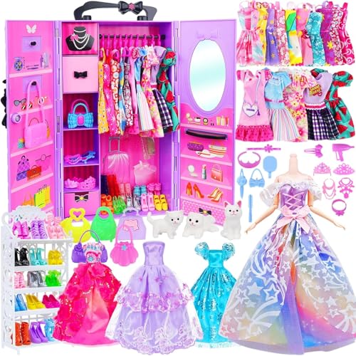 79 Stück Kleidung und Zubehör mit kleiderschrank für Puppen 29cm und 11 5 Zoll Beinhaltet Hochzeitskleid Set Mode Outfits Tops Hosen Schuhe Kleiderbügel Taschen Halskette Kleiderbügel