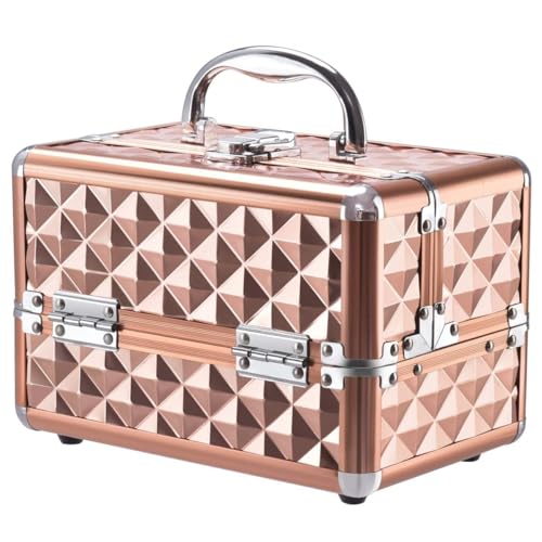 Giantex Portable Mini Makeup Case, Professional Cosmetic Box with Mirror & Adjustable Dividers 3 Layer, Travel Beauty Makeup Organiser Artist Bag Train Case, Golden Rose