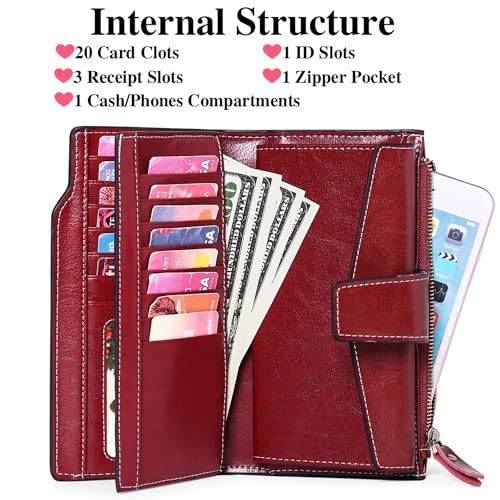 Personalized Engraved Name Wallet,Custom Birth Month Flower Wallet with RFID Blocking Genuine Leather Credit Card Holder Large Capacity for Women(Wax-Burgundy)2