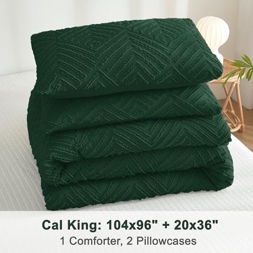 Image of Litanika California King Comforter Set Emerald Green, 3 Pieces Dark Green Tufted Boho Farmhouse Bedding Comforter Set, Lightweight Fluffy All Season Comforter Set (104x96In Comforter & 2 Pillowcases)