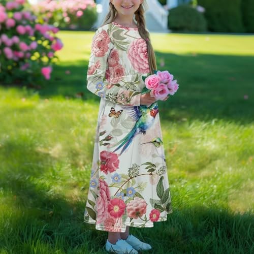 JEOCODY Floral Hummingbird Girls Dress Casual Long Sleeve Dress Size 5 6 Soft Kids Dress Flowy Swing Long Maxi Dress with Pockets Fall Swing Clothes A-Line Summer Holiday Long Dress3
