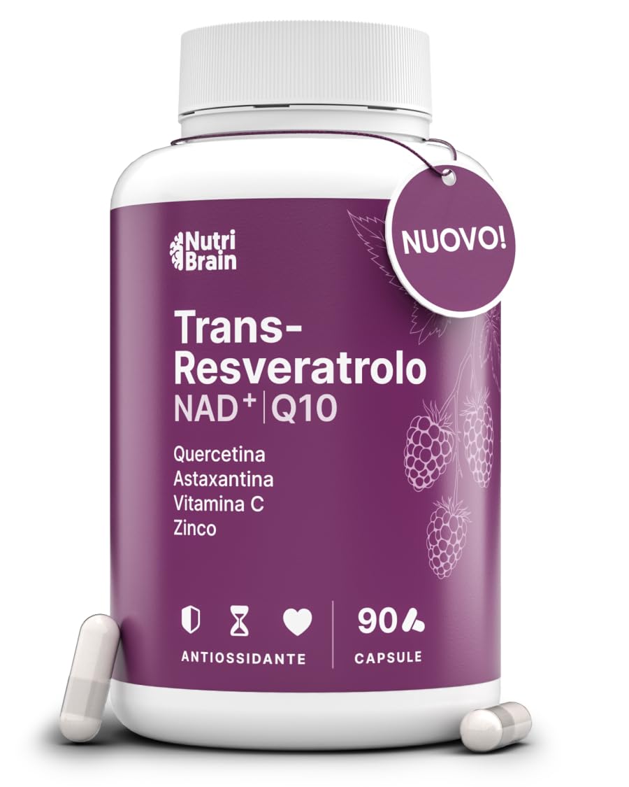 Trans-Resveratrolo, NAD⁺, Coenzima Q10, Quercetina, Astaxantina, Vitamina C e Zinco | Antiossidante, Anti-Età e Difese Immunitarie | 90 Capsule | Formula Avanzata con 7 Attivi Sinergici | 3 Mesi