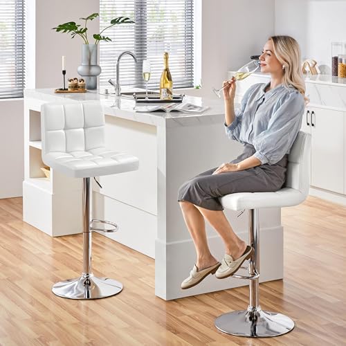 Image of Yaheetech Bar Stools Set of 3, Adjustable PU Leather Swivel Barstools, Modern Counter Stools with Back and Footrest, Counter Height Barstools for Bar, Kitchen, Dining Room, White