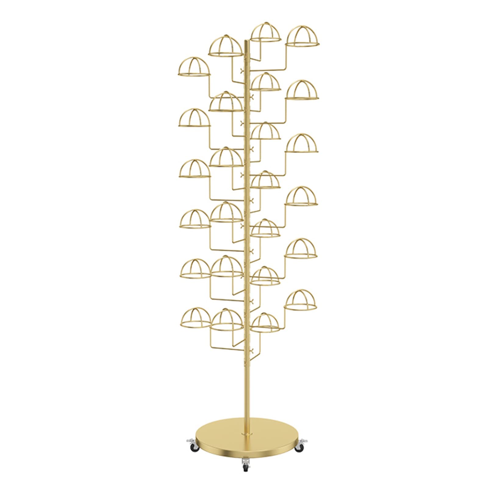 YNBSHGAA Hat Organizer Rack with Wheels, Multi-Layer Display Stand for Cowboy Hats and Wigs, Commercial Hat Tree Shelf,Gold-Place 25 hats
