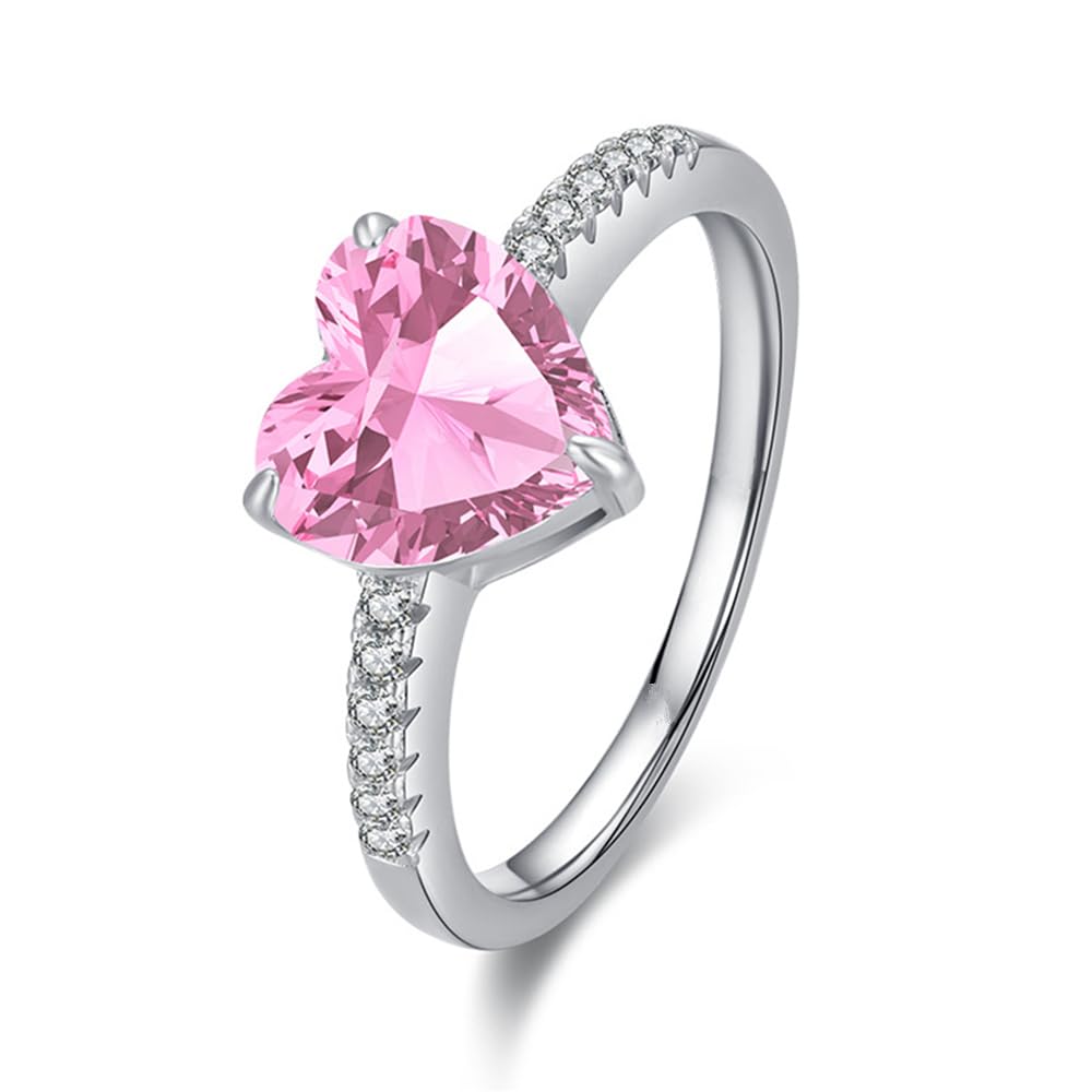 Lozeux Silver Plated Created Pink Topaz Cubic Zirconia Filled Promise Proposal Engagement Wedding Love Heart Ring Simple Classic Band for Women Ladies Size 8