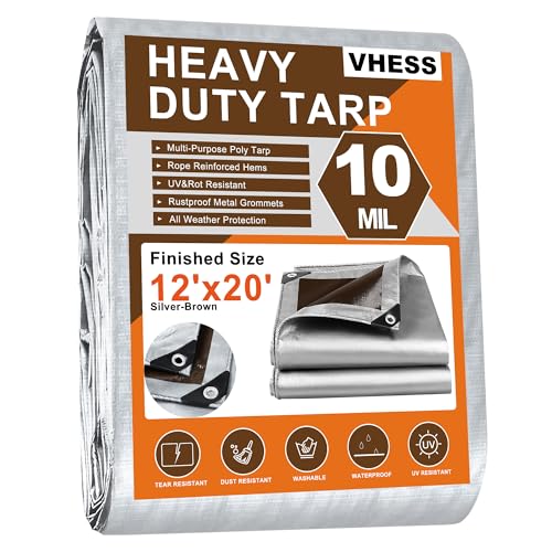 Tarps Heavy Duty Waterproof 12’ X 20’, 10 Mil Multipurpose Poly Tarp Cover, tarp Waterproof UV Resistant Tear&Fade Resistant, Outdoor Tarpaulin for Roof, Camping, Patio, Pool, Boat, Car