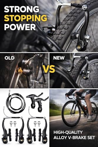 Image of Universal Bicycle V-Brake Set Front & Rear - Alloy Rim Brake Kit with Levers, Cables & Pads | Complete Mechanical Cycle Brake Replacement for MTB, Road & Hybrid Bikes (Black)