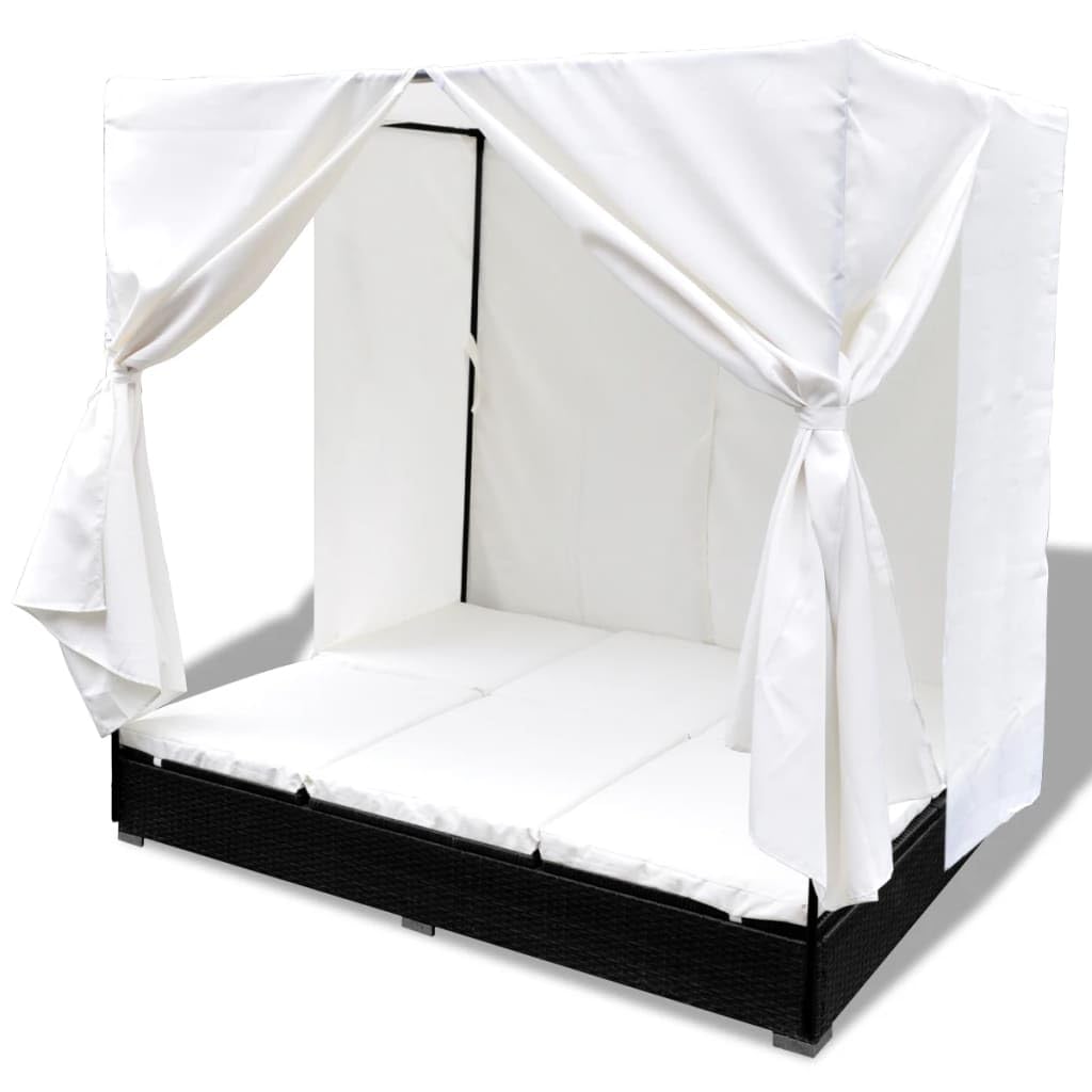 Makastle Chaise Longue D'extérieur avec Auvent et Rideaux, Lit de Repos Double avec Dossier et Repose-Pieds Réglables pour Balcon, 197x140x180 cm Noir Résine Tressée