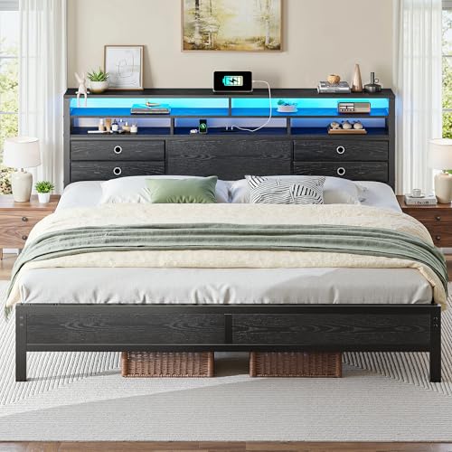 Image of Homkdom King Bed Frame with Storage Headboard, Charger & LED Lights, Black | 3-tier shelves and 4 drawers,2 USB&1 Type-C ports,Heavy-duty metal loads 880lbs,Noise-free,No box spring needed,Easy assembly