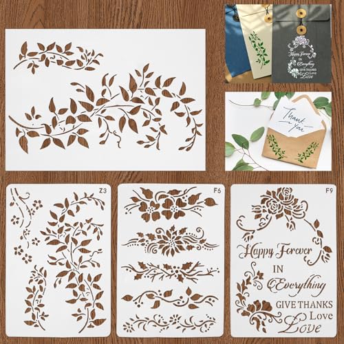 Foyods 4 Stück Schablonen Malen,A4 Größe Wiederverwendbare Weinreben schablonen,Blumen Schablonen Malen,Wandschablone,für Basteln,Möbel,Zeichenkarte,Heimdekoration,Leinwand