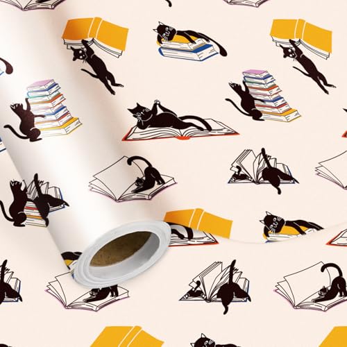 LeZakaa Book Cat Wrapping Paper Roll, Cute Reading Cat Pattern