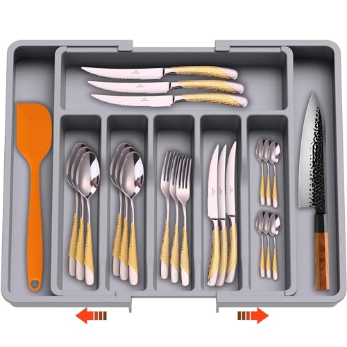 Daffodily Premium Cutlery Drawer Organiser Adjustable Cutlery Tray Extendable Kitchen Drawer Organiser with 8 Spacious Compartments for Forks, Spoons, Knives - Silverware & Flatware