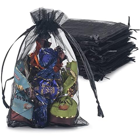ONUPGO 100PCS Premium Sheer Drawstring Organza Bags, 10x15cm Jewelry Gift Bag Candy Pouch for Party, Jewelry, Christmas, Festival, Bathroom Soaps, Makeup Organza Favor Bags (Black) Cover