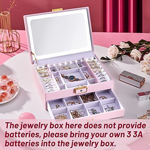 Bblyanu Jewelry Box Organizer With Mirror And Led Light, Pu Leather Jewelry Boxes For Women Jewelry Holder Earrings, Necklaces, Bracelets Organizer (Pink) #TOP1
