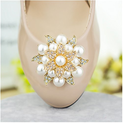 Ruihfas 2Pcs Fashion Rhinestones Pearls Flowers Crystals Wedding Party Shoe Clips (Gold) #TOP1
