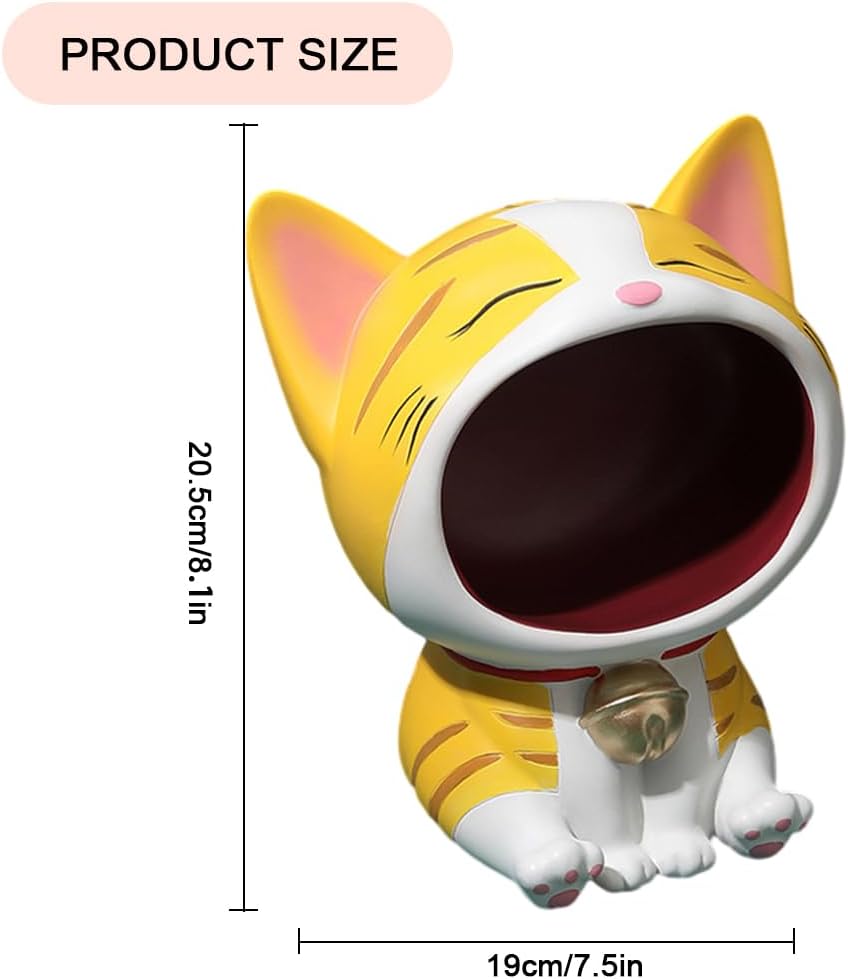 Key Bowl for Entryway Table, Lucky Cat Statue Candy Dish for Office Desk Art Home Decor (D - Yellow)