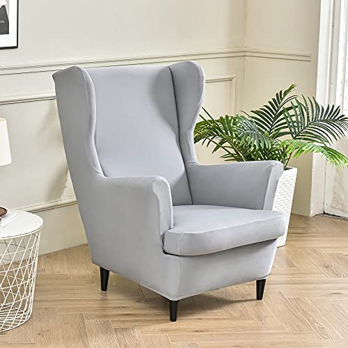 Highdi Funda de Sillón de Orejas Elástica para Strandmon, Color Sólido Funda de Sofá Relax 2 Piezas con Funda de Cojín, Fundas Protector de Butaca para Dormitorio, Recepción, Club (Gris Claro) Cover