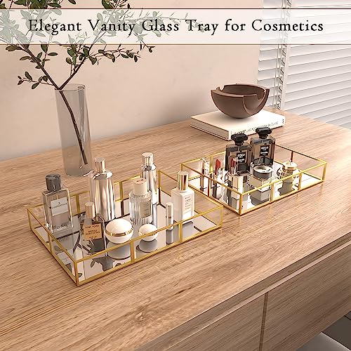 Set 2 Gold Tray Vanity Tray, Bathroom Tray With Metal Frame, Decorative Tray Perfume Tray For Dresser Bathroom Jewelry Or Home Decoration (L+S) #TOP3
