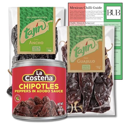 BUB Mexican Chilli Gift Pack - 3-Pack of 75g Tajin Dried Chillies: Ancho, Guajillo & La Costena Chipotle in Adobo 199g - Authentic Mexican Flavours with included Sauce & Chilli Guide (3 Pack)