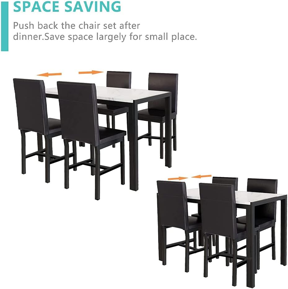 MOOSENG 5 Pieces Dining Table Set for 4 People with Faux Marble Desk and 4 Leather Chairs, Compact Design for Kitchen, Breakfast Nook, Restaurant, White (New)