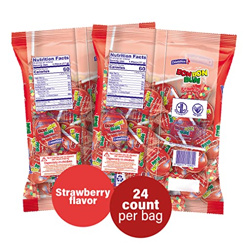 Colombina Bon Bon Bum Strawberry Bubble Gum Lollipops (48 Pops) - Strawberry Flavored Lollipops Individually Wrapped -Bubble Gum Filled Hard Candy Suckers And Lollipops Bulk - Lollipops For Kids #TOP1