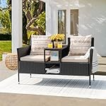 Devoko Outdoor Patio Loveseat Modern Rattan 2-Seat Patio Conversation Set with Cushions & Built-in Coffee Table Porch Furniture for Garden Lawn Backyard (Beige) - Image 2