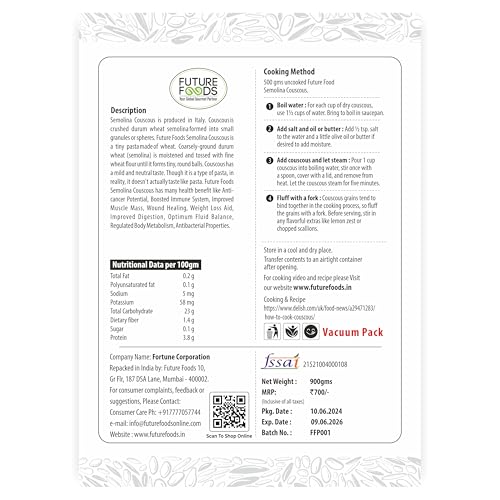 Image of Future Foods Semolina Couscous 900g (Pack of 2)| Mild and Neutral Taste | Light and Fluffy Texture | Good Fiber Source | with Multiple Health Benefits | Helps Lower Cholesterol