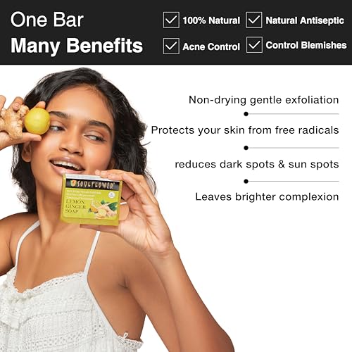 Image of Soulflower Lemon Ginger Handmade Soap Bar | Cold-Processed & 100% Natural | Fades Pigmentation, Fights Acne & Dull Skin | Turmeric + Vitamin E | 150 g