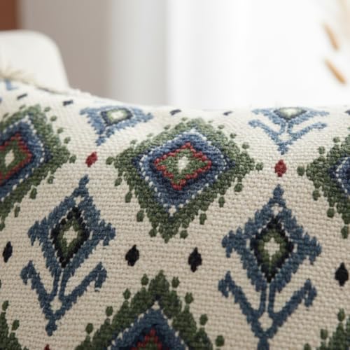 Image of Cotton Cushion Covers 16x16 Inch | Set of 2 | Handwoven Printed White Decorative Square Cushion Case with Fringe | Sofa, Living Room, Bedroom, Diwan Home Decor Throw Cushion Cover