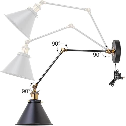 Miniatura 6 de Paquete de 2 apliques de pared negros, lámpara de pared con brazo oscilante ajustable con enchufe industrial moderno o cableado con acabado de latón