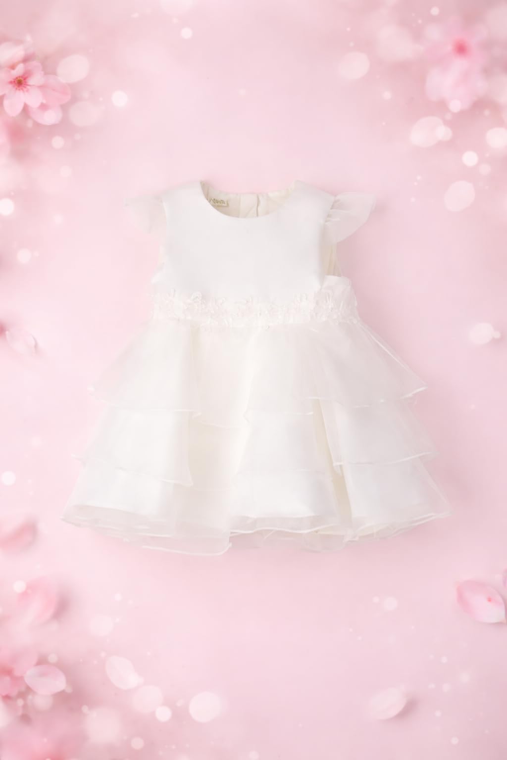 IDO Abito Vestito Cerimonia Battesimo neonata 18 Mesi - 86 cm Color Avorio con 3 Balze in Tulle