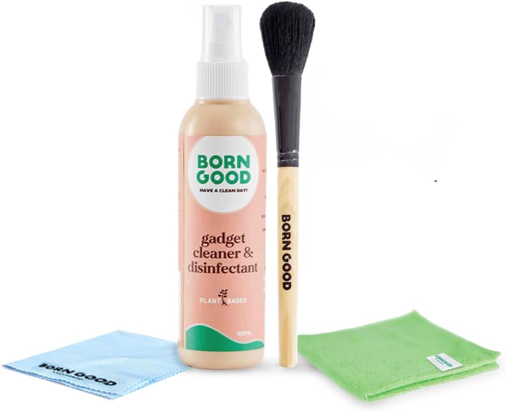 Born Good 4-in-1 Plant-Based Electronics & Gadget Disinfectant Cleaner Kit - Non-Toxic Formula for Laptop, Smartphone, Monitor, Tablet, Camera, TVs - 2 Microfiber Cloths & Soft Brush (100ml)