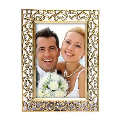 MIMOSA MOMENTS Hearts Pierced Jewel Bling Brass 4x6 Wedding Picture Frame, Tabelop Photo Frame Display Horizontal or Vertical 4x6 Inch Photo, Desktop Christmas, Wedding Anniversary, Birthday or Bride Wedding Day Gifts for Grandma Mom Couple Cover