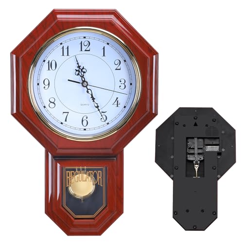 Sunexinlo Pendulum Wall Clocks Battery Operated,Regulator Wall Clock with Pendulum,Vintage Decorative Grandfather Clock for Living Room,Bedroom,Kitchen,Office,Red 11.8x17.7in