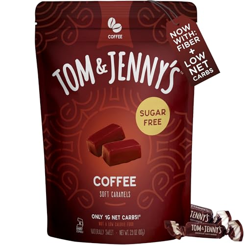 Tom & Jenny's Sugar Free Candy Soft Caramels Individually Wrapped - Sea Salt & Vanilla - Low Net Carb Keto Zero Sugar Candy with Allulose & Maltitol (Coffee Chewy Caramels) 1 Pack