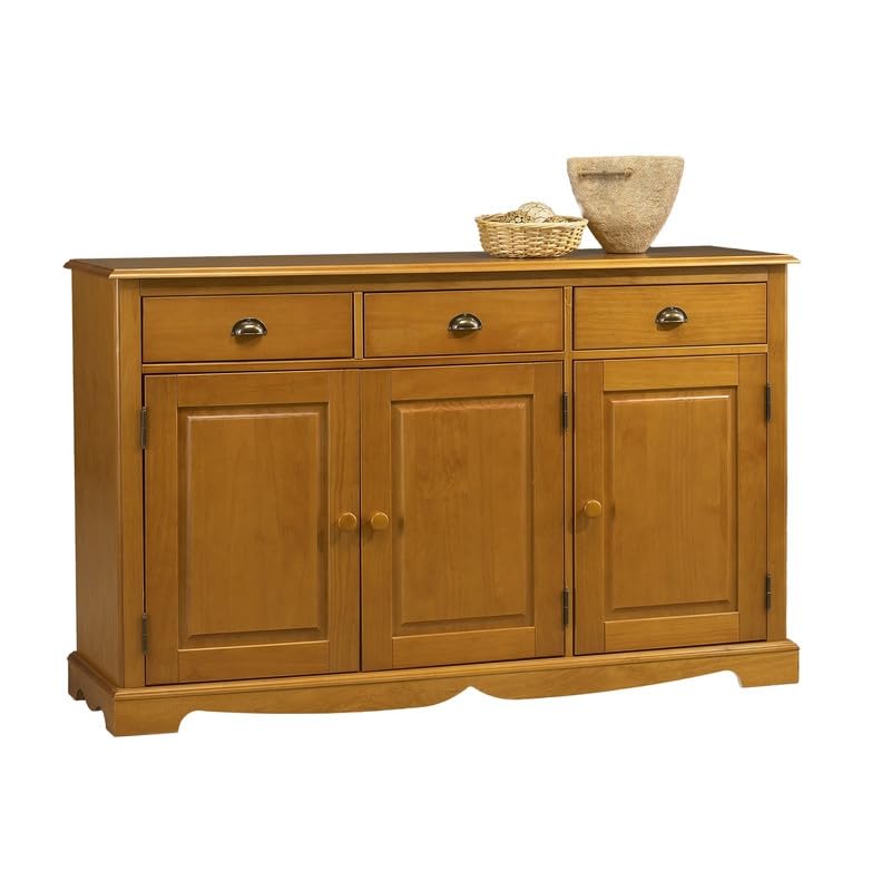 ACTUAL DIFFUSION Buffet Bas 3 Portes 3 Tiroirs Pin Miel de Style Anglais L 146.6 H 89.6 P 42.5 cm
