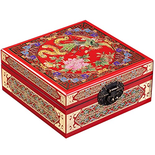 Boîte à bijoux carrée vintage en bois rouge de 18cm pour bagues