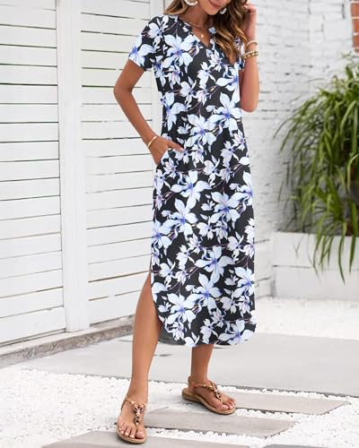 Image of MISFAY Women's Summer Maxi Dress 2026 Casual Short Sleeves V Neck Loose Sundress Split Long Beach T Shirt Dress