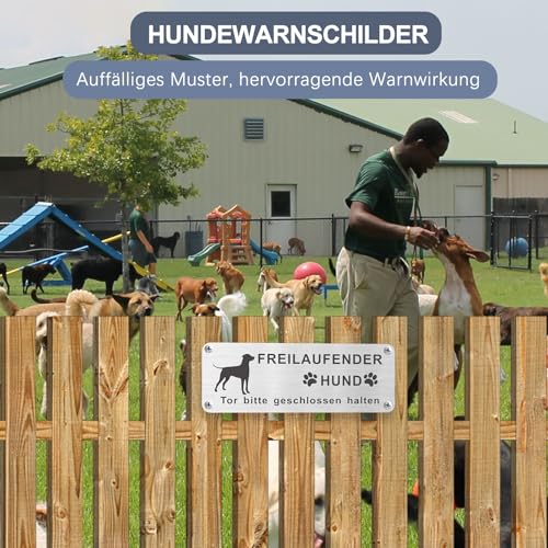 Upifen Vorsicht Freilaufender Hund, 2Stk. Achtung Hund Schild, Warnschild Hund Aluminium mit Selbstklebend und Vorgebohrten Löchern, 25x 9cm, Innen/Außen