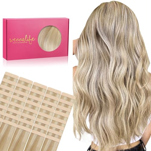Image of WENNALIFE Tape in Hair Extensions Human Hair, 40pcs 100g 24 inch Dirty Blonde Highlighted Bleach Blonde Hair Extensions Real Human Hair Straight Tape in Extensions Invisible Human Hair Extensions