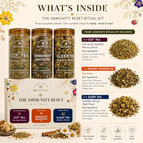 Image of TeaTreasure Immunity Reset Ritual Kit - CCF, Booster & Sleep Herbal Tea Combo | Ayurvedic Detox Set for Digestion, Gut Health, Bloating Relief, Better Rest | Caffeine-Free Natural Wellness Gift