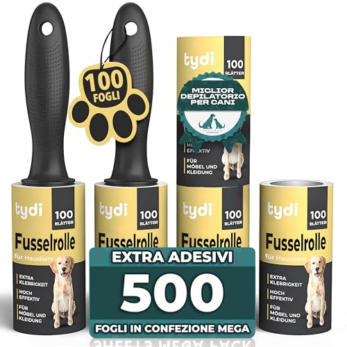 Tydi Rullo Leva Pelucchi con 2 Manici e 5 Ricariche da 100 Fogli – Rullo Peli Animali per Vestiti, Letti, Divani – Spazzola Adesiva Levapelucchi Extra Appiccicosa