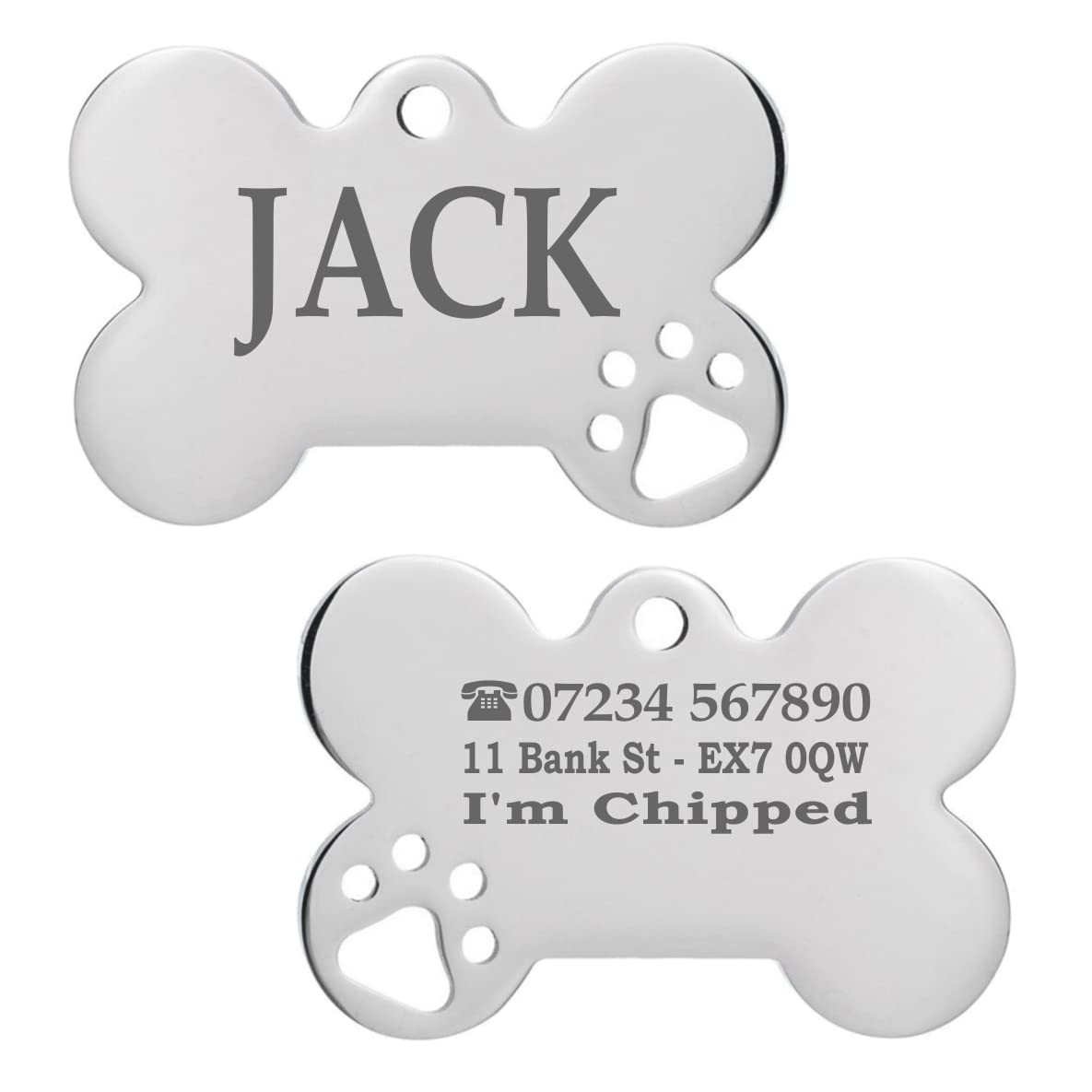 Iberiagifts - Stainless Steel Bone with Two Paws Id Pet Tag for Medium/Large Dogs and Cats, Engraved and Personalised Collar Plate (1 Paw)