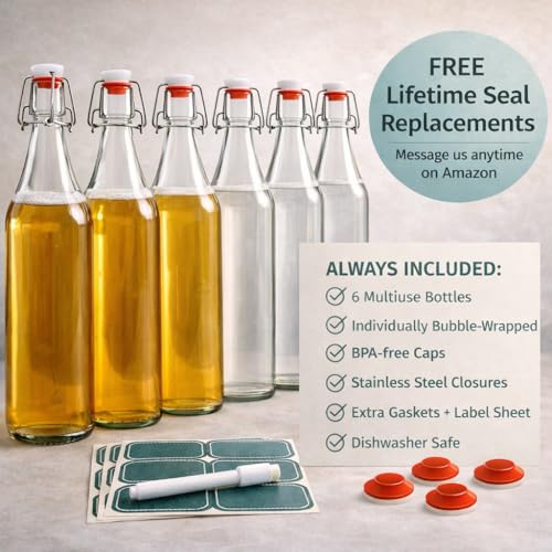 Otis Classic Swing Top Glass Bottles - Set of 6, 16oz w/Marker & Labels - Clear Bottle with Caps for Juice, Water, Kombucha, Wine, Beer Brewing, Kefir Milk or Eggnog - Image 4
