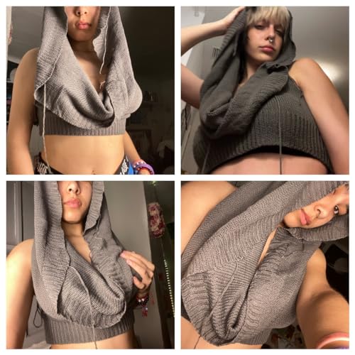Image of Women's Knitted Hoodie Sweater Vest Sexy Sleeveless Hollow Out Hooded Crop Top Draped Sweatshirt Streetwear